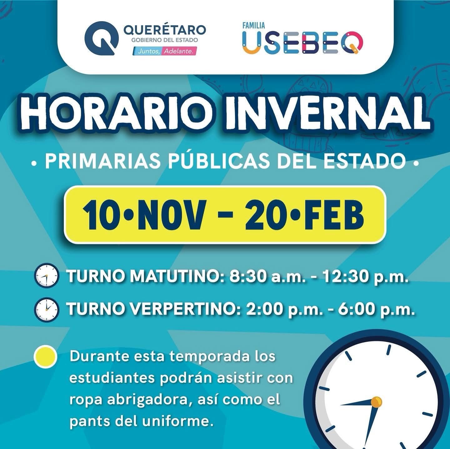Se mantiene el horario de invierno en primarias de Querétaro