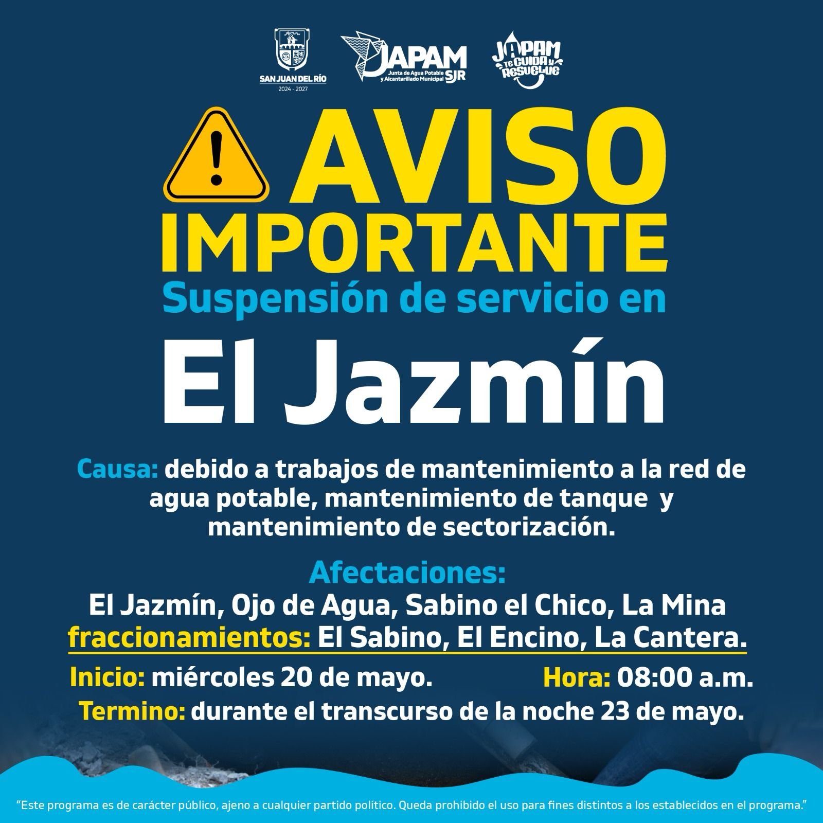 Anuncian corte temporal de agua por mantenimiento