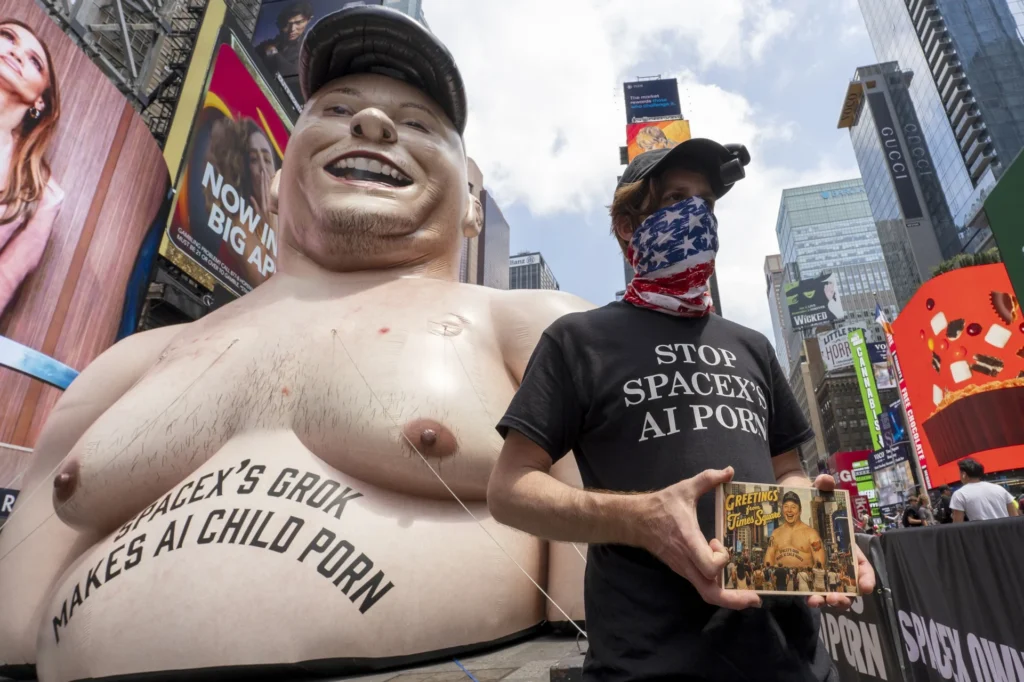Protestan en Times Square contra Grok de Elon Musk